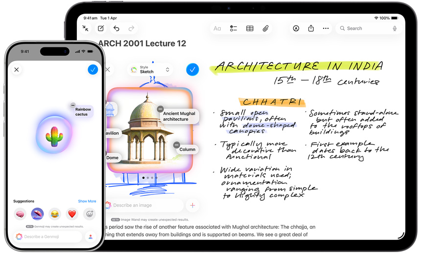iPhone and iPad showing Genmoji creating a rainbow cactus, and Image Wand turning a sketch into a Mughal pavilion.