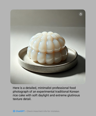 Picture of an experimental depiction of a traditional Korean rice cake with an explanation of the photo's characteristics generated by Apple Intelligence with ChatGPT integration