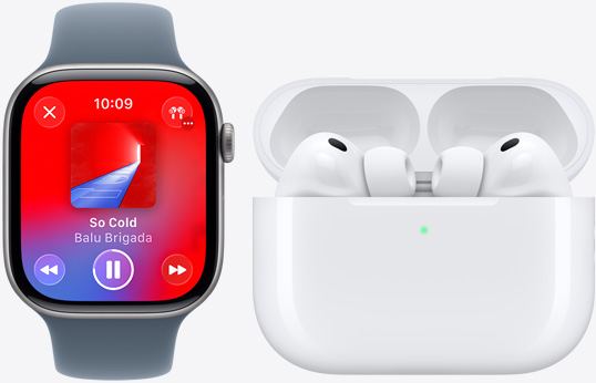 Apple Watch Series 11, Apple Music app, now playing, AirPods Pro 3, white, earbuds, silicone tips, microphone, MagSafe Charging case, open, rounded corners