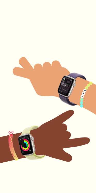 Illustration of two children’s hands wearing Apple Watch SE 3