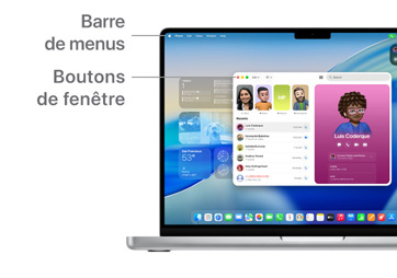 Aperçu de la navigation sur macOS, comme la Barre de menus en haut de l’écran du MacBook et le Dock.