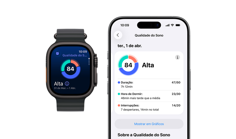 Apple Watch Ultra 3 com caixa preta de titânio e pulseira Oceano preta, a tela mostra o gráfico circular e a classificação da Qualidade do Sono, o botão de Ação está no lado esquerdo, a Digital Crown e o botão lateral no lado direito, uma análise completa do sono está aberta no iPhone emparelhado
