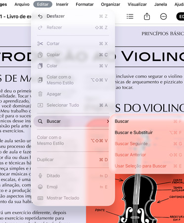 Close da barra de menus com as opções para Desfazer, Refazer, Cortar, Copiar, Colar e muito mais