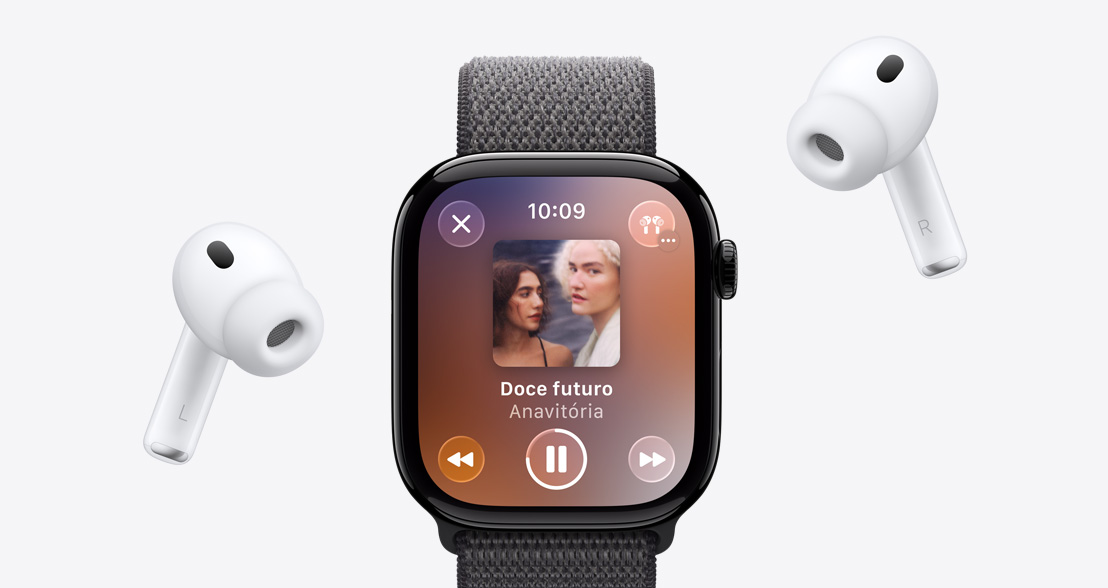 AirPods Pro 3, cor branca, pontas de silicone, Apple Watch Series 11, caixa preta brilhante de alumínio, Apple Music tocando
