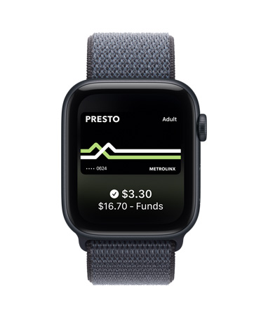 Apple Watch SE 3, aluminum case, midnight colour, Apple Pay in Apple Wallet, right side exterior, Digital Crown, band, Sport Loop, anchor blue colour