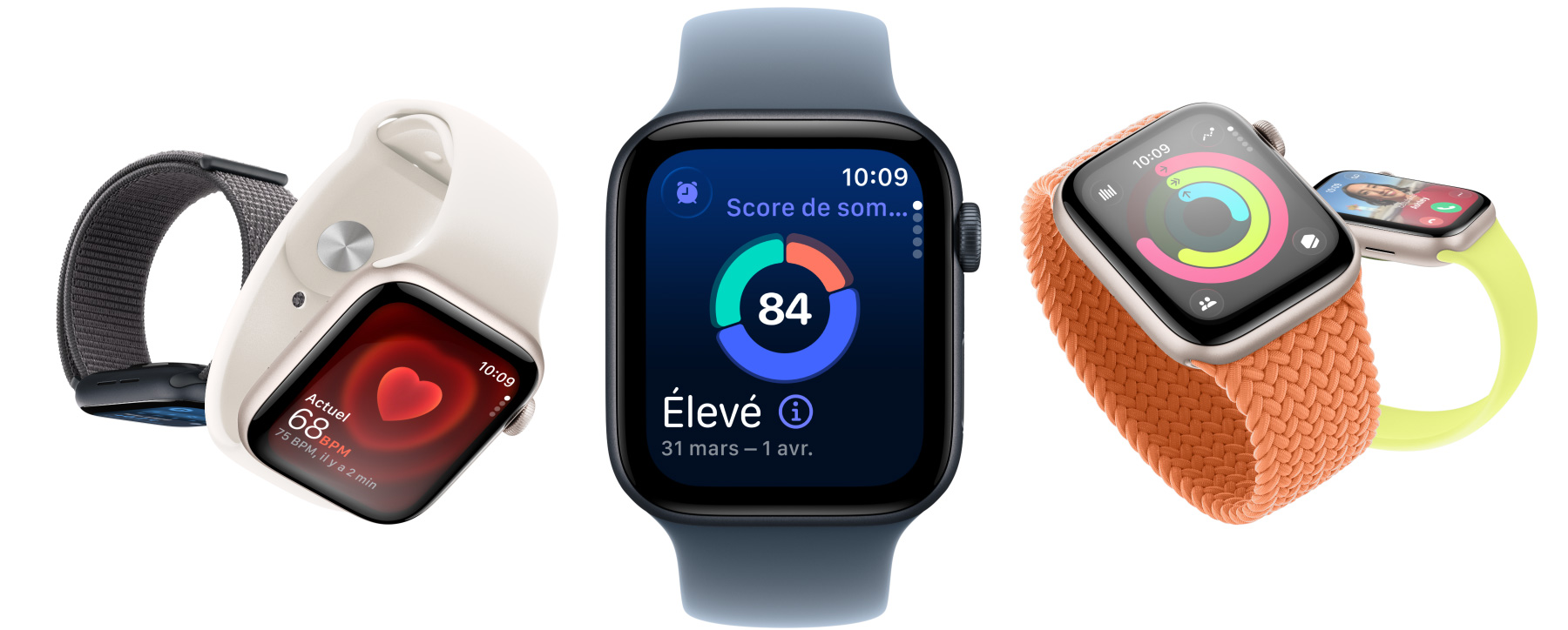 Apple Watch SE 3 avec boîtiers en aluminium offerts en comète et minuit, avec des apps comme Signes vitaux et Fréquence cardiaque, le score de sommeil, les anneaux d’activité et un appel entrant
