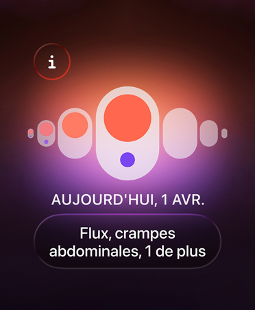 Suivi du cycle dans l’app Santé, points orange et violets soulignant différents symptômes de menstruations