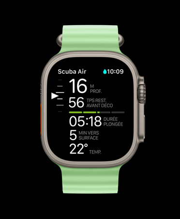 Apple Watch Ultra 3, naturel, boîtier en titane, données de plongée d’Oceanic+ : profondeur, durée de décompression, durée de plongée, minutes avant d’atteindre la surface, température de l’eau, bracelet Océan, vert fluo