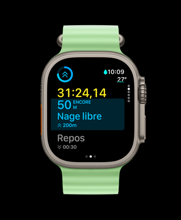 Apple Watch Ultra 3, naturel, boîtier en titane, app Exercice, tuile d’entraînement personnalisé, vue Suivant, bracelet Océan vert fluo