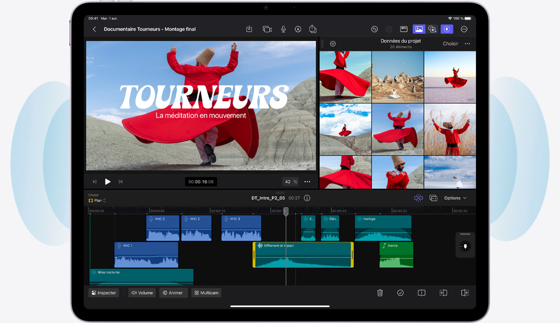 iPad Air, orientation paysage, montrant le montage vidéo dans Final Cut Pro