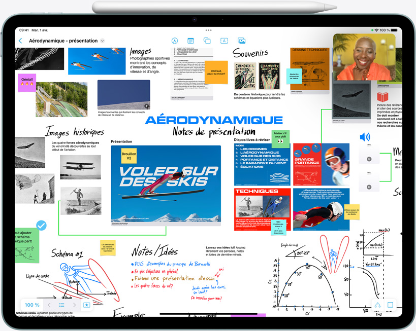iPad Air, l’écran affiche Freeform et quelqu’un qui participe à un appel FaceTime