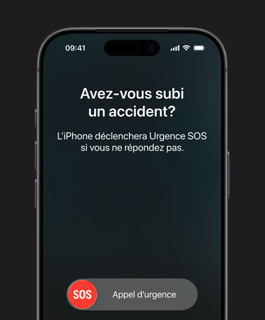 iPhone 17 Pro, face avant, coins arrondis, fonctionnalité Détection d’accident en cours d’utilisation