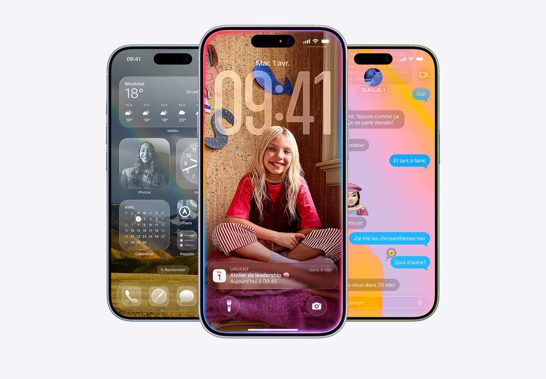 Des iPhone 17, face avant, couleurs : bleu aube, lavande, sauge; fonctionnalités iOS 26 – écran d’accueil affichant plusieurs apps, notification de Calendrier sur un écran verrouillé personnalisé, écran d’iPhone montrant l’app Messages avec le design en Liquid Glass