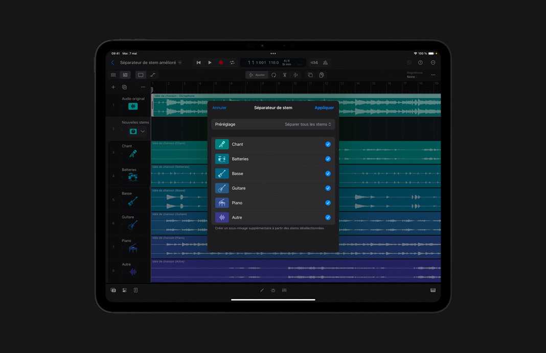 Interface d’une fenêtre de Stem Splitter montrant une liste de préréglages de différentes parties, comme les voix, la batterie, la basse, la guitare, le piano et d’autres, avec une icône à côté de chaque option.