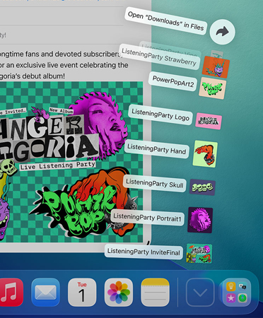 Close-up of Dock across bottom with a series of files fanning out vertically from the Dock