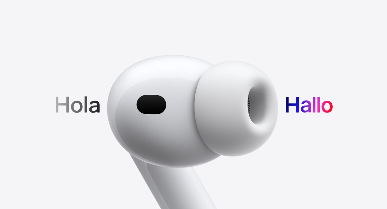 AirPods Pro 3, earbud with silicone tip, Live Translation changes Spanish characters reading 'hola' to English text reading 'hello'