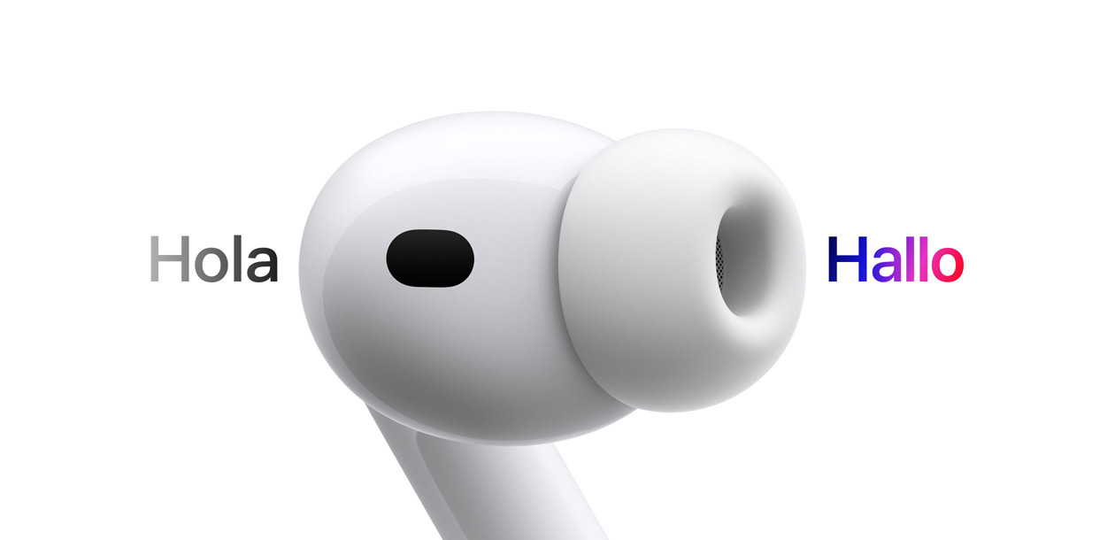 AirPods Pro 3, earbud with silicone tip, Live Translation changes Spanish characters reading 'hola' to English text reading 'hello'