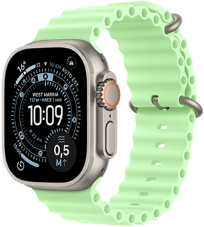 Apple Watch Ultra 3, color natural, caja de titanio, carátula Orientación, complicaciones: Índice UV, Actividad, Satélite, Brújula, parte lateral derecha, Digital Crown, micrófono, botón lateral, correa Ocean, verde neón