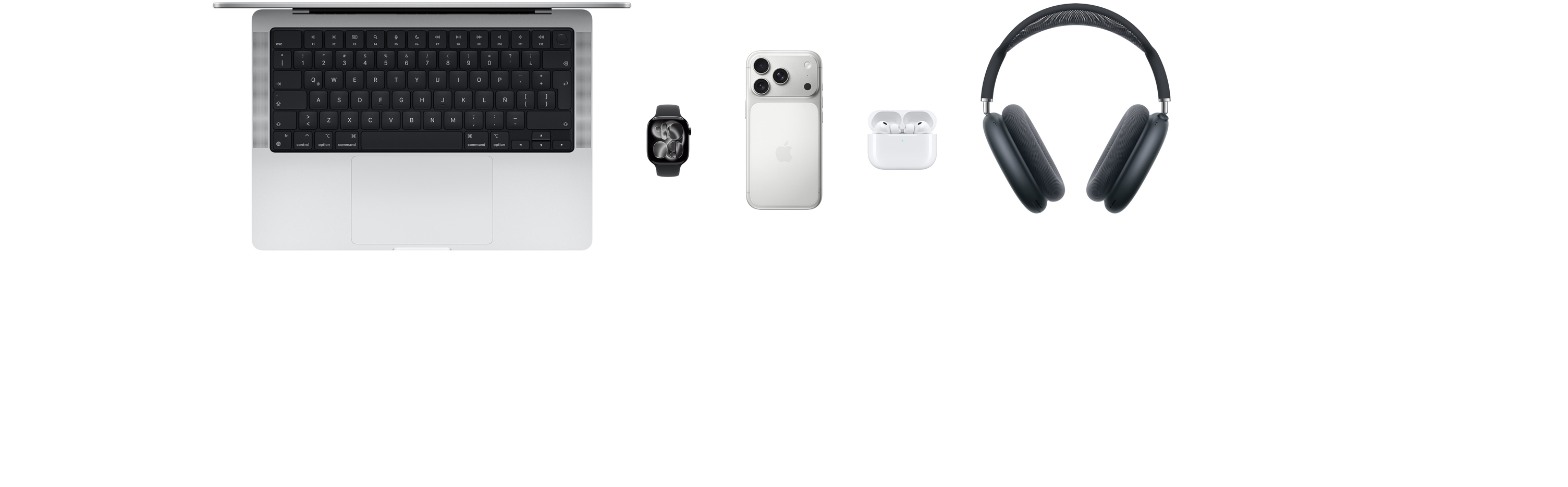 Varios productos Apple, como un MacBook, un Apple Watch Series 10, un iPhone 16 Pro, unos AirPods 4 y AirPods Max