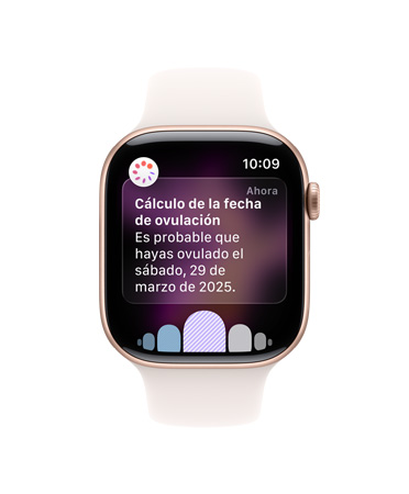 Apple Watch Series 11, caja de aluminio, color oro rosa, notificación de cálculo de la fecha de ovulación, parte lateral derecha: Digital Crown, correa deportiva rosa rubor