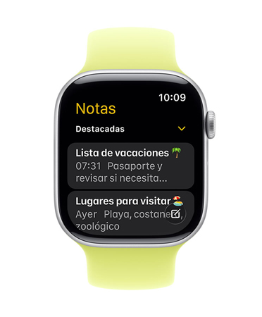 Un Apple Watch color plata con una correa trenzada peonía, en cuya pantalla se ve la app Notas con dos notas destacadas