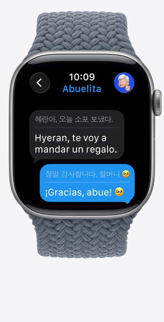Apple Watch Series 11, caja de aluminio gris espacial, Traducción en Vivo cambia el idioma de iMessage a inglés, correa uniloop trenzada, color azul ancla
