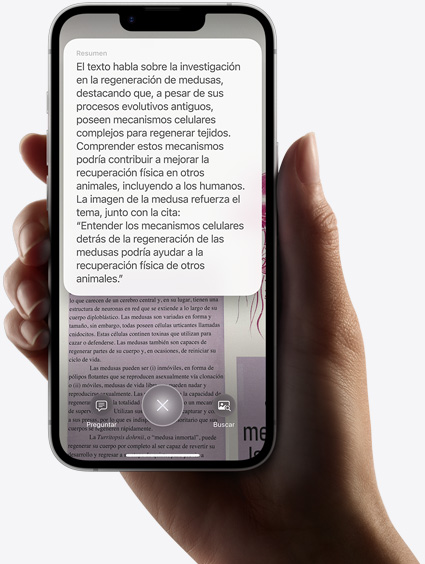 Una mano sostiene un iPhone 16e donde se muestra un texto resumido con Inteligencia Visual.