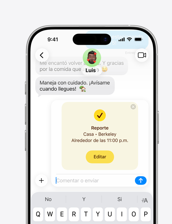 Pantalla de un iPhone que muestra una conversación en Mensajes con la funcionalidad Reporte en uso