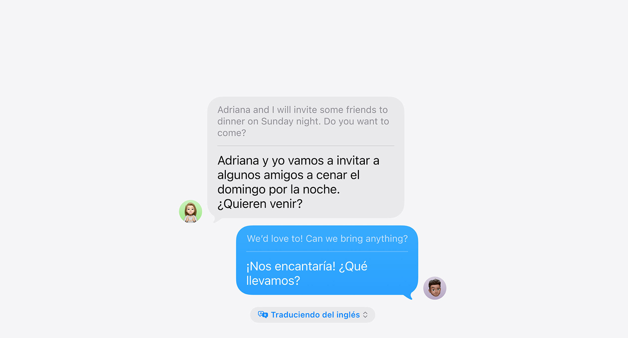 Traducción en Vivo en Mensajes, con el mensaje “Adriana y yo vamos a invitar a algunos amigos a cenar el domingo por la noche. ¿Os animáis a venir?” traducido automáticamente del inglés.