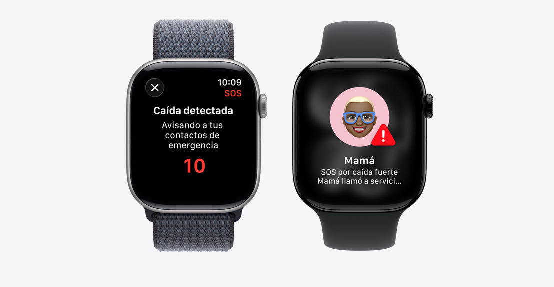 Apple Watch Series 11, notificación de Detección de Caídas, botón de Llamada SOS, una segunda notificación dice: Mamá SOS por caída fuerte, mamá llamó a servicios de emergencia