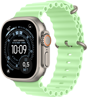 Apple Watch Ultra 3, Farbe Natur, Titangehäuse, Zifferblatt Orientierung, Komplikationen: UV Index, Aktivität, Satellit, Kompass, rechte Seitenansicht, Digital Crown, Mikrofon, Seitentaste, Ocean Armband, Farbe Neongrün