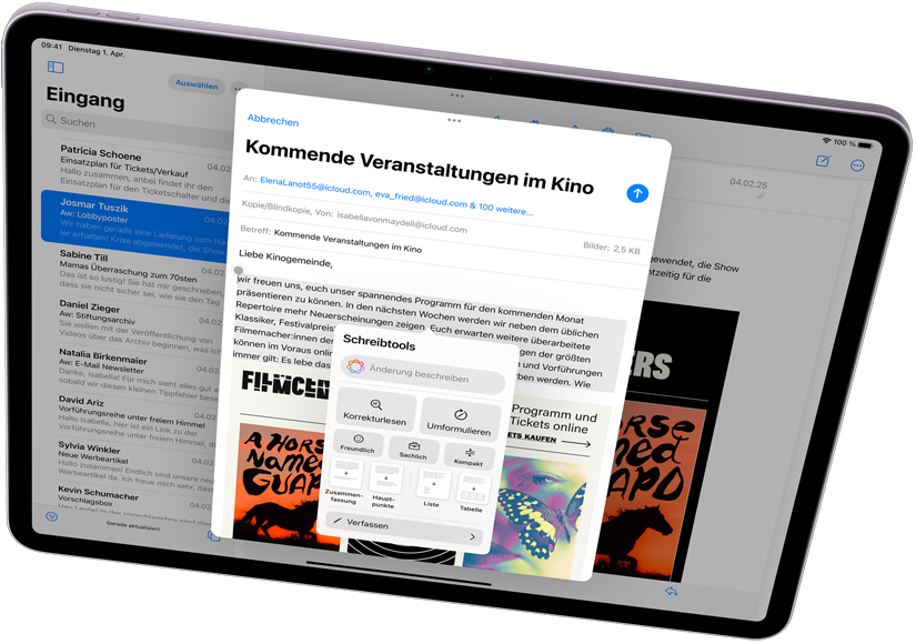 Das iPad Air im Querformat zeigt Apple Intelligence mit Schreibwerkzeugen und Mail