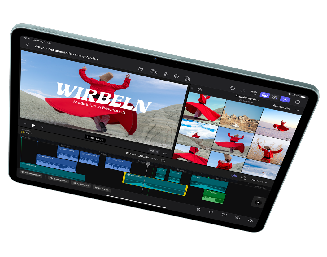 Ein iPad Air im Querformat, auf dem Videoschnitt in Final Cut Pro gezeigt wird