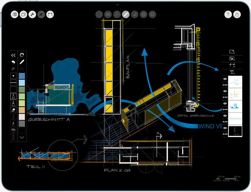 Ein iPad Air im Querformat, der Bildschirm zeigt  die Morpholio Trace App