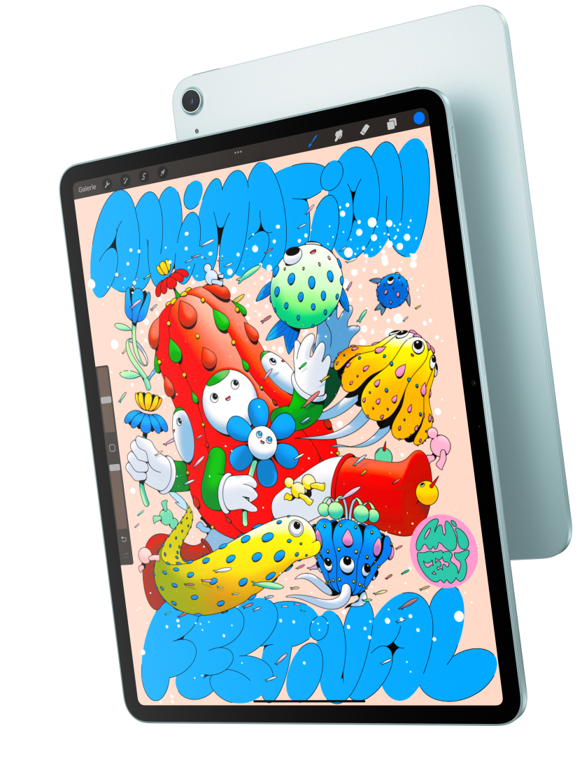 Vorderansicht eines iPad Air, die das 13" Modell mit der App Procreate zeigt, dahinter die Rückseite eines iPad Air in Blau