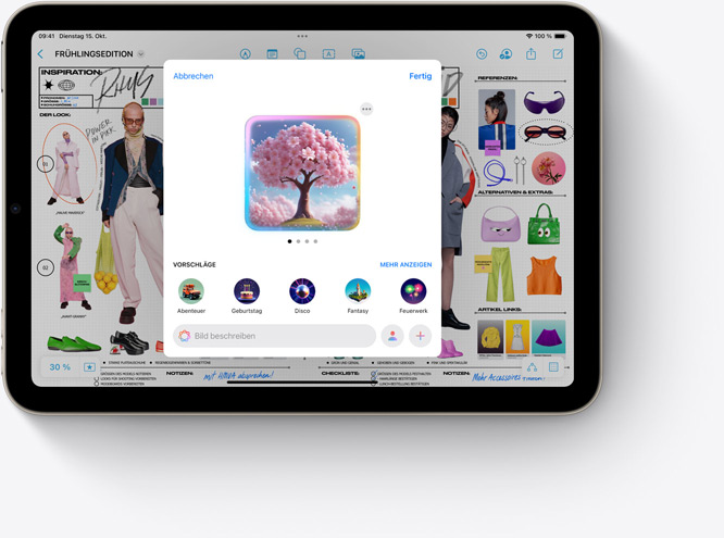 Ein iPad mini zeigt Image Playground, ein neues Apple Intelligence Feature, das in Freeform verwendet wird.