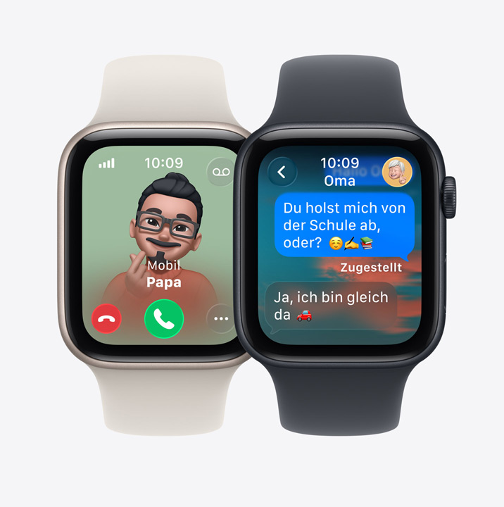 Apple Watch SE 3 Geräte, Displays: eingehender Anruf von Papa, iMessage von Oma