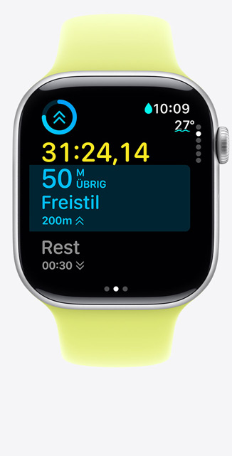 Apple Watch Series 11, Aluminiumgehäuse, Farbe Silber, Bildschirm für eigenes Training trackt Beckenschwimmen, Messwerte auf dem Display, Sportarmband, Farbe Neongelb
