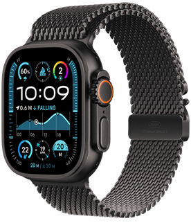 Apple Watch Ultra 2 with a black titanium case and Black Titanium Milanese Loop band.