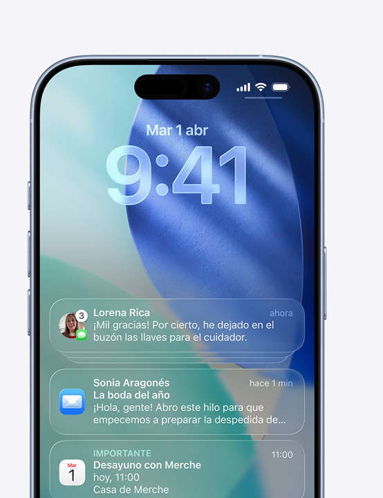 Pantalla de un iPhone que muestra notificaciones de las apps Mensajes, Mail y Calendario