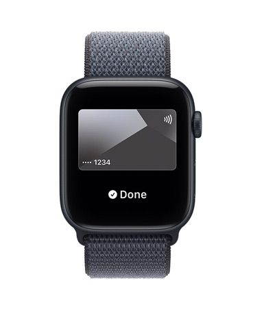 Apple Watch SE 3, kast van aluminium, kleur middernacht, Apple Pay in Apple Wallet, rechterkant, Digital Crown, geweven sportbandje, kleur ankerblauw