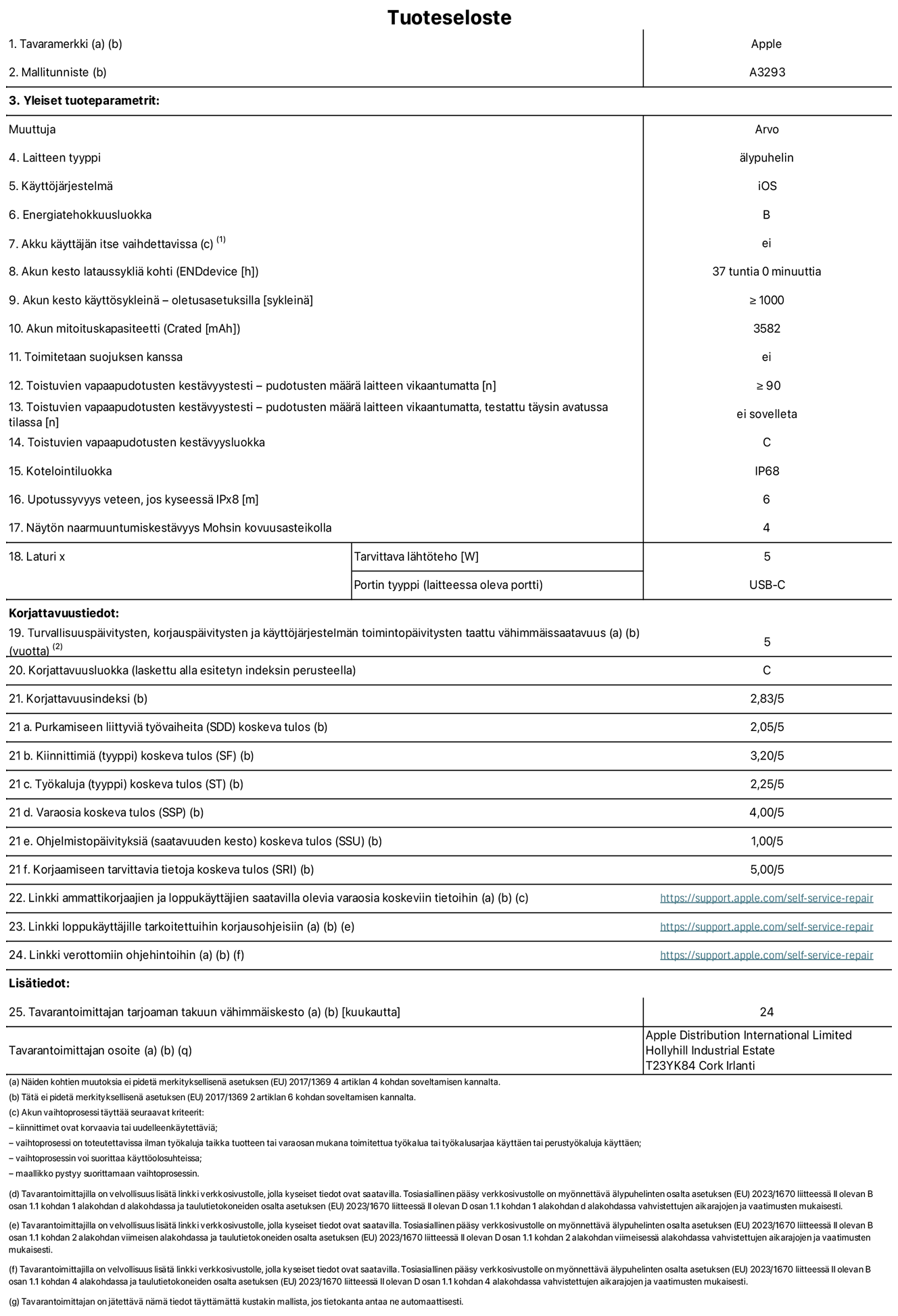 iPhone 16 Pron tuotetiedot, malli A3293. Toimittaja: Apple Distribution International Limited, Hollyhill Industrial Estate. Cork, Irlanti T23 YK84. Laitteen tyyppi: älypuhelin. Käyttöjärjestelmä: iOS. Energiatehokkuusluokka: B. Akku käyttäjän itse vaihdettavissa: ei. Akun kesto lataussykliä kohti: 37 tuntia. Akun kesto käyttösykleinä – oletusasetuksilla: ≥ 1 000. Akun mitoituskapasiteetti: 3 582 mAh. Toimitetaan suojuksen kanssa: ei. Toistuvien vapaapudotusten kestävyystesti – pudotusten määrä laitteen vikaantumatta: ≥ 90. Toistuvien vapaapudotusten kestävyystesti – pudotusten määrä laitteen vikaantumatta, testattu täysin avatussa tilassa: ei sovelleta. Toistuvien vapaapudotusten kestävyysluokka: C. Kotelointiluokka: IP68. Upotussyvyys veteen, jos kyseessä IPx8: 6 metriä. Näytön naarmuuntumiskestävyys Mohsin kovuusasteikolla: 4. Laturin tarvittava lähtöteho: 5 W. Laturin portin tyyppi (laitteessa): USB-C. Turvallisuuspäivitysten, korjauspäivitysten ja käyttöjärjestelmän toimintopäivitysten taattu vähimmäissaatavuus: 5 vuotta. Korjattavuusluokka: C. Korjattavuusindeksi: 2,83/5. Purkamiseen liittyviä työvaiheita (SDD) koskeva tulos: 2,05/5. Kiinnittimiä koskeva tulos: 3,20/5. Työkaluja koskeva tulos: 2,25/5. Varaosia koskeva tulos: 4,00/5. Ohjelmistopäivityksiä koskeva tulos: 1,00/5. Korjaamiseen tarvittavia tietoja koskeva tulos: 5,00/5. Linkki ammattikorjaajien ja loppukäyttäjien saatavilla olevia varaosia koskeviin tietoihin: https://support.apple.com/self-service-repair. Linkki loppukäyttäjille tarkoitettuihin korjausohjeisiin: https://support.apple.com/self-service-repair. Linkki verottomiin ohjehintoihin: https://support.apple.com/self-service-repair. Yleistakuun kesto 12 kuukautta.