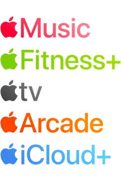 Logos verschiedener Apple Aboservices, einschließlich Apple Music, Fitness+, Apple TV+, Apple Arcade, iCloud+