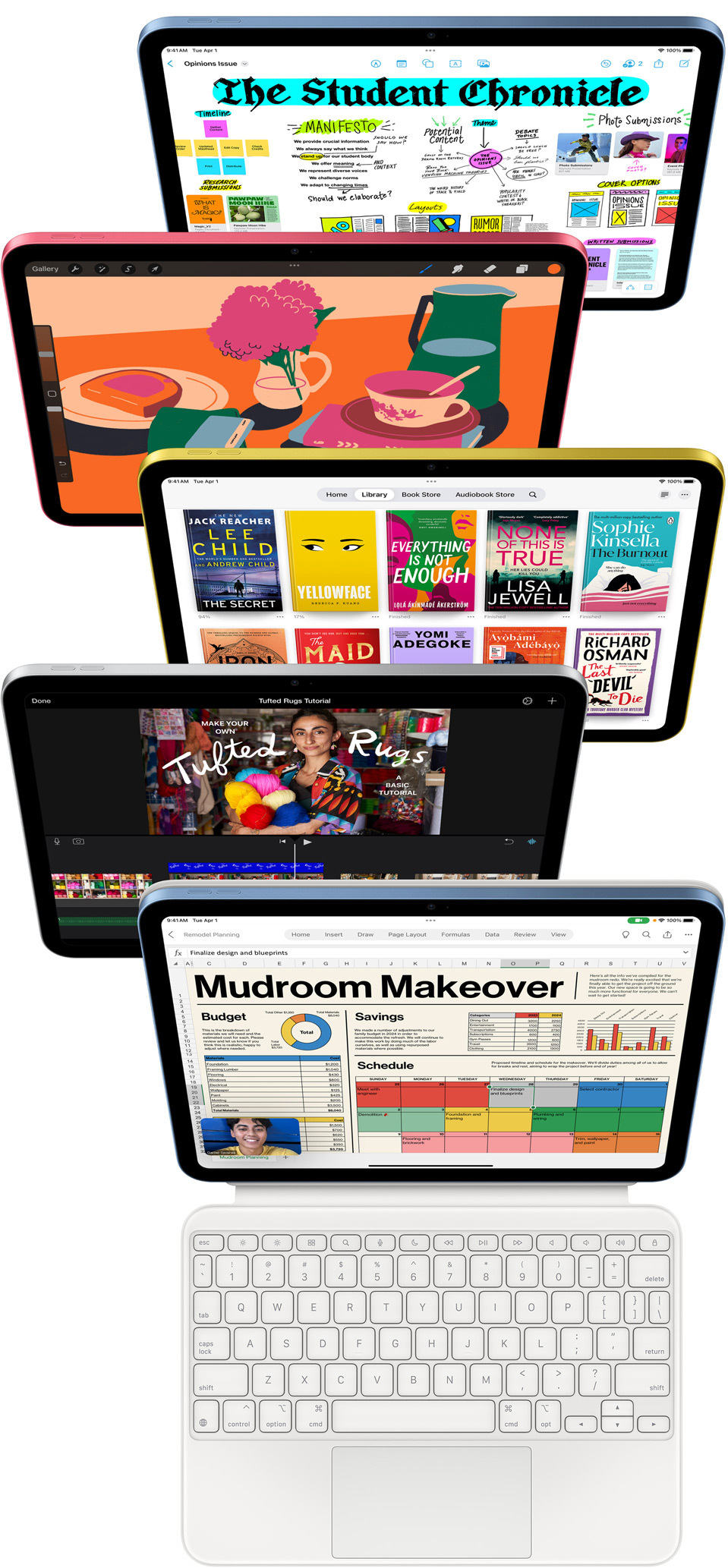 Vooraanzicht van een iPad met verschillende apps, zoals Freeform, ProCreate, Boeken, iMovie en Microsoft Excel met Webex Meetings.