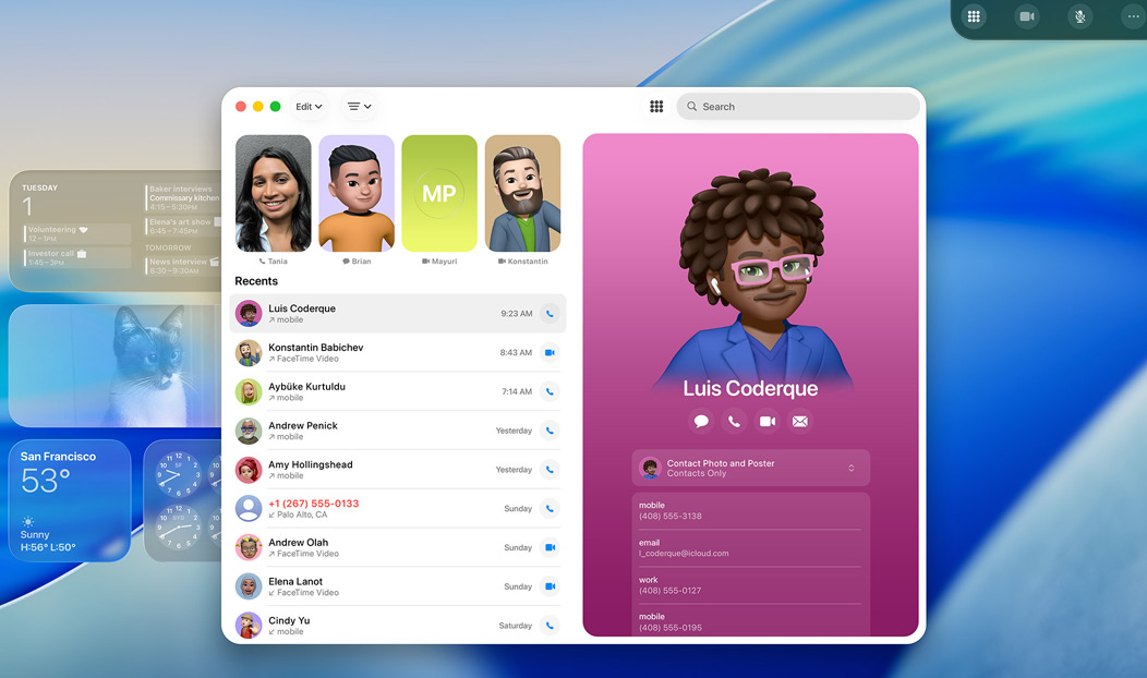 MacBook Pro, Telefon App geöffnet, ein Kontakt wird aus einem letzten Anruf angezeigt