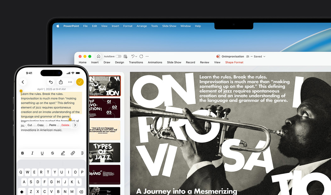 Un iPhone 16 Plus avec du texte surligné dans l’app Notes, un MacBook Pro avec une diapo Keynote ouverte, le texte de l’app Notes est visible sur la diapo