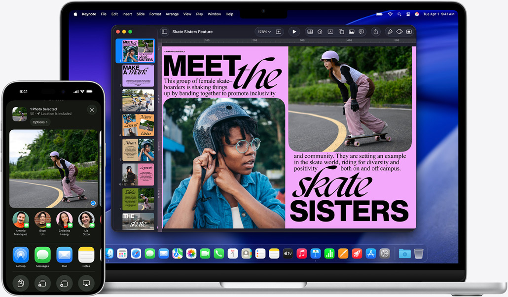 iPhone 16 Plus con l’app Foto aperta, MacBook Air 13 pollici con una diapositiva Keynote aperta, la foto dell’iPhone è visibile anche nella diapositiva