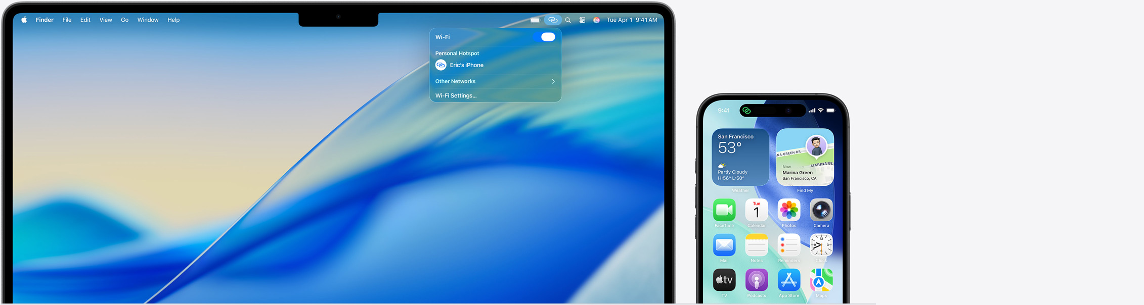 MacBook Pro 14 pollici, Centro di Controllo aperto nella barra dei menu, hotspot personale con l’indicazione Eric’s iPhone; iPhone 16 con il simbolo verde dell’hotspot personale in alto a sinistra