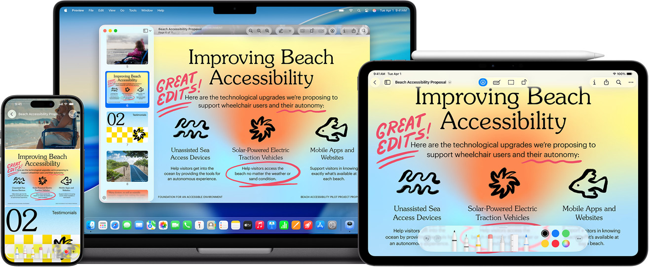 Più dispositivi Apple con la stessa immagine, un Apple Pencil annota l’immagine su un iPad, le modifiche compaiono anche sugli altri dispositivi