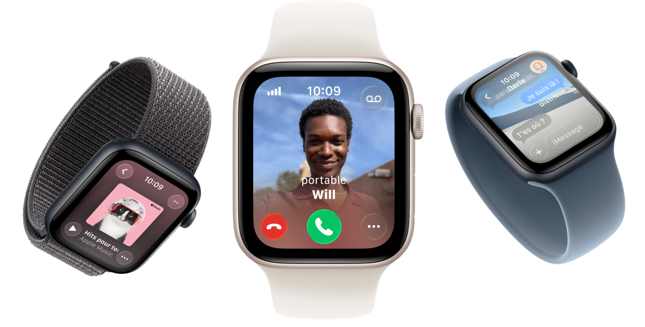 Apple Watch SE 3, boîtiers en aluminium, lumière stellaire et minuit, Boucle unique tressée, curcuma, Boucle Solo, jaune fluo, Boucle Sport, gris foncé, écrans : Apple Pay, Centre de contrôle, Apple Music